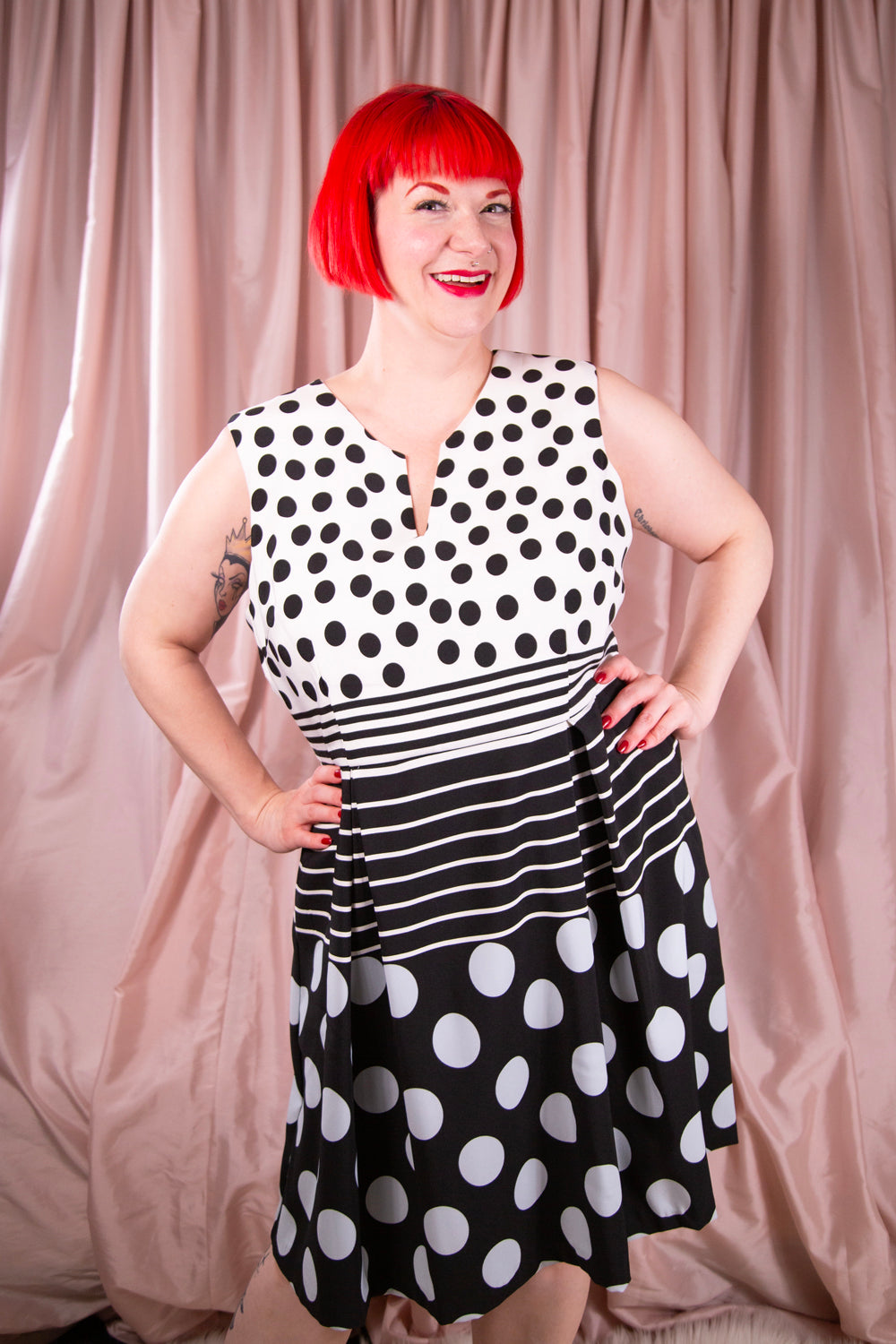 Cleo Petites - Black & White Polka Dot Striped Dress