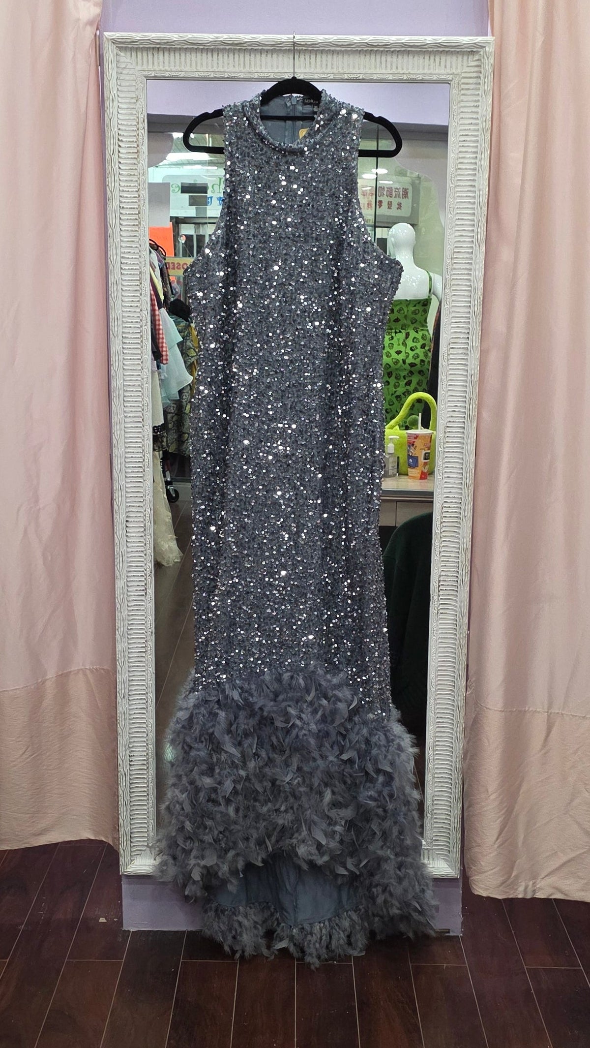 GG Fashion Nova Gray Velvet Sequin and Feather Dress